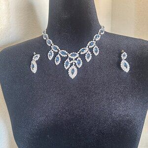 Vintage Blue Rhinestone Necklace & Earring Set - Lightweight - All Stones Intact